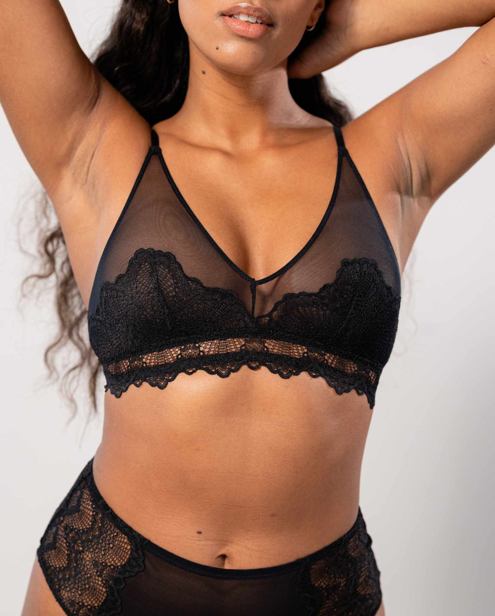 Sheer Lingerie Set includes lace bralette with sheer mesh triangle