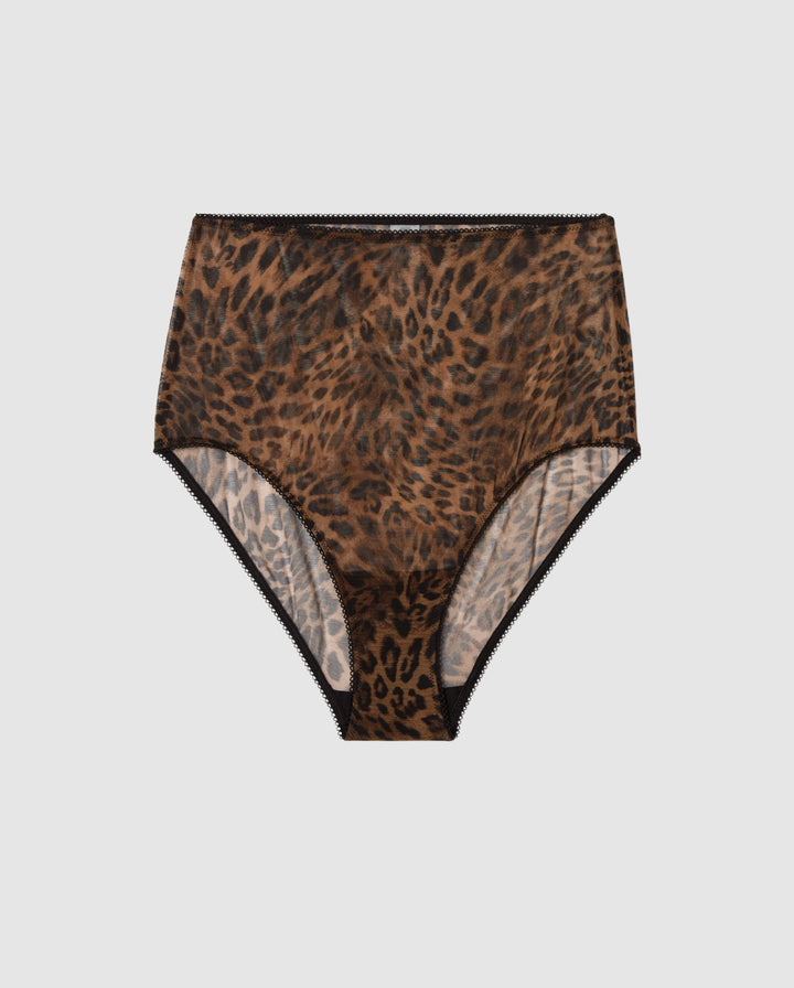 An soft High-waist Mesh Bikini brief with a dark leopard design. 