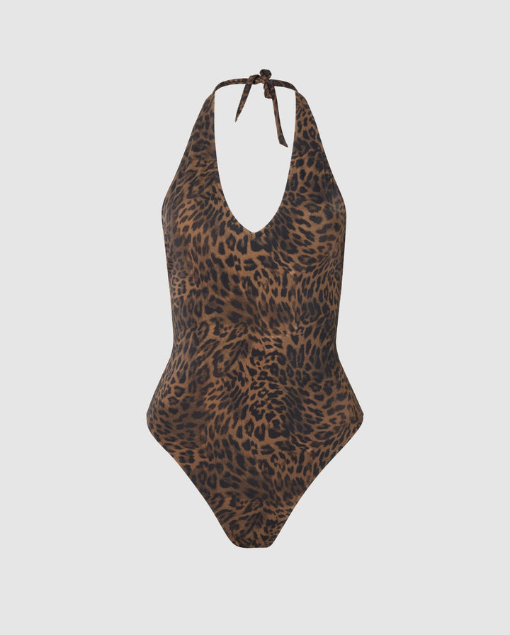 Halterneck Swimsuit Dark Leopard