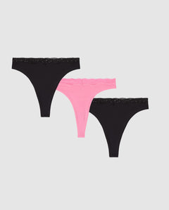 Micro Lace Thong 3-Pack Black/Candy Pink