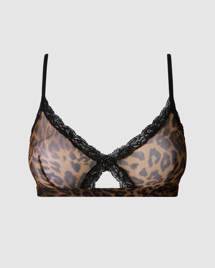 Mesh Lace Cut-Out Triangle Bralette Dark Leopard