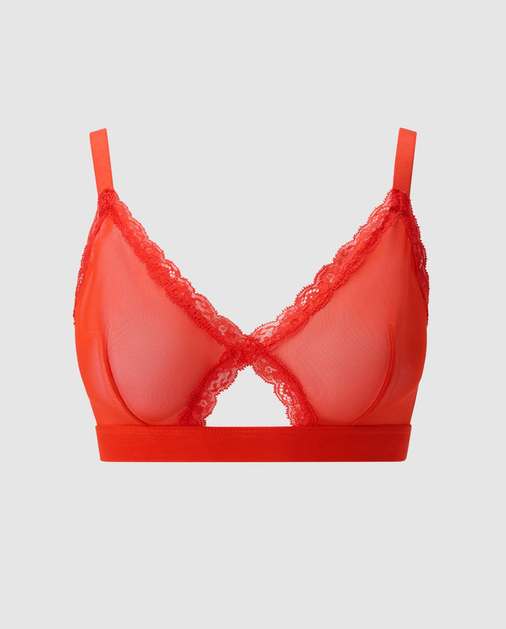 Mesh Lace Cut-Out Triangle+ Bralette Fiery Red