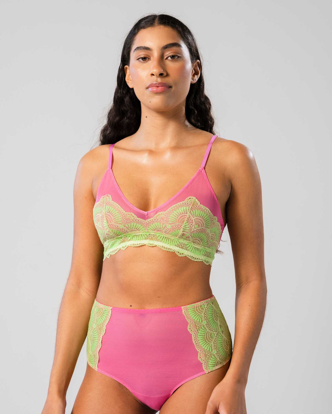 Lace Mesh Triangle Bralette Lime/Pink