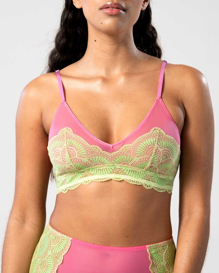 Lace Mesh Triangle Bralette Lime/Pink