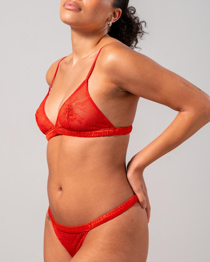 Floral Lace Satin Triangle Bralette Fiery Red
