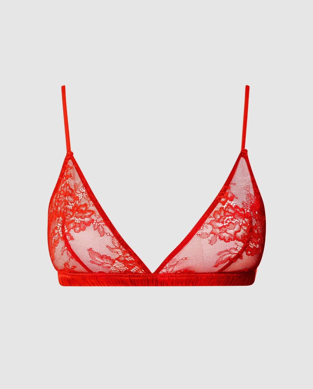 Satine Red Triangle bra with tulle and fabric with velvety flowers -  ai!culotte lencería sostenible hecha a mano